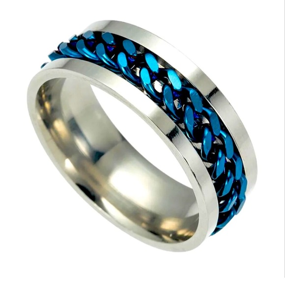 Stainless Steel Blue Chain Fidget Spinner Anxiety Ring - Size 9 - Picture 2 of 3